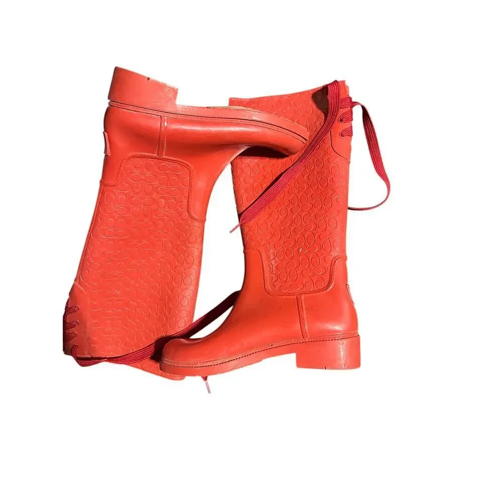 Coach Signature Women's Red Tie Back Rain Boots Size 7